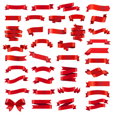 Red Ribbon Set Isolated White Background With Gradient Mesh, Vector Illustrationのイラスト素材