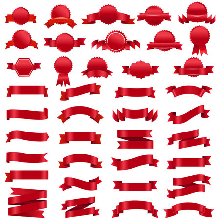 Red Labels And Ribbons With White Background With Gradient Mesh, Vector Illustrationのイラスト素材
