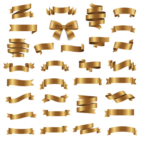Golden Ribbon Collection Isolated White Background With Gradient Mesh, Vector Illustrationのイラスト素材