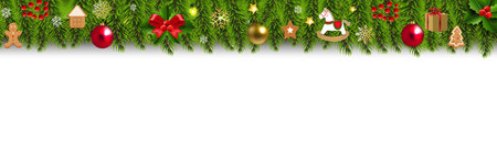 Fir Tree Branch Border Isolated White Background With Gradient Mesh, Vector Illustrationの写真素材