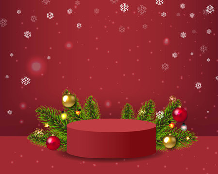 Christmas Banner With Fir Tree Red Podium With Gradient Mesh, Vector Illustrationの写真素材