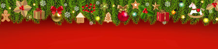 Christmas Panorama With Fir Tree Red Background With Gradient Mesh, Vector Illustrationの写真素材