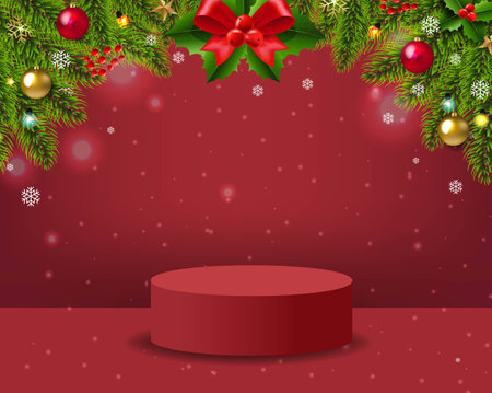 Christmas Banner With Fir Tree Red Background With Gradient Mesh, Vector Illustrationの写真素材