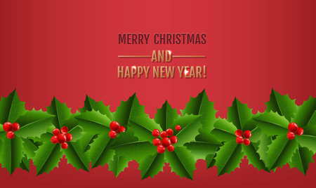 Merry Christmas Poster With Holly Berry With Gradient Mesh, Vector Illustrationのイラスト素材