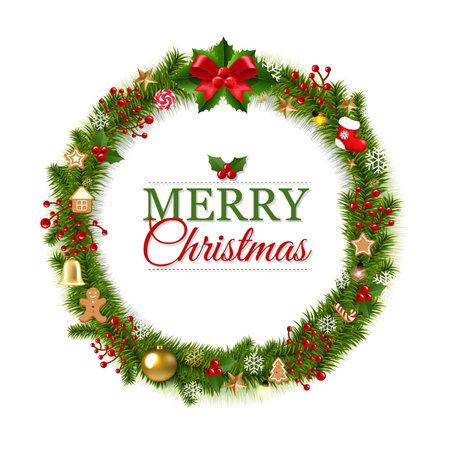 Merry Christmas Wreath Isolated White Background With Gradient Mesh, Vector Illustrationのイラスト素材
