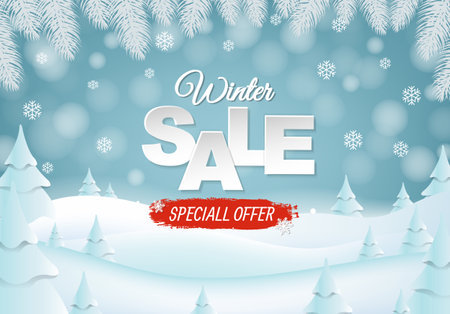 Winter Sale Postcard With Fir Tree Border With Gradient Mesh, Vector Illustrationのイラスト素材