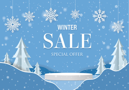 Sale Winter Background And Origami Christmas Tree With Gradient Mesh, Vector Illustrationのイラスト素材
