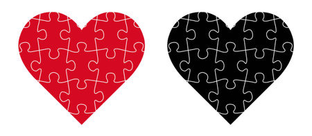 Jigsaw puzzle heart. Black and white vector illustration isolated on white background.のイラスト素材