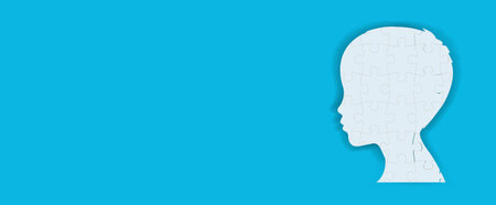 Banner With Human Head Profile With Puzzle With Gradient Mesh, Vector Illustrationのイラスト素材