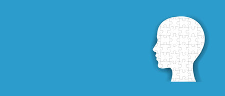 Puzzle Man Head Icon Isolated Blue Banner With Gradient Mesh, Vector Illustrationのイラスト素材