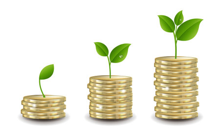Coins With Sprout White Background With Gradient Mesh, Vector Illustrationのイラスト素材