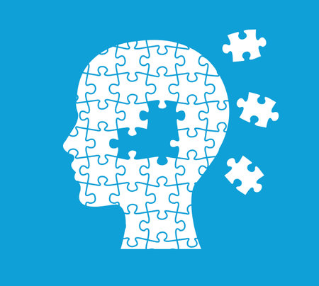 Puzzle Man Head Icon Isolated Blue Background, Vector Illustrationのイラスト素材