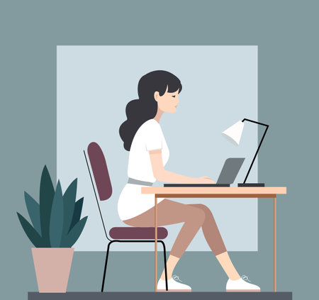 Girl Is Sitting At A Table With a Laptop, Vector Illustrationのイラスト素材