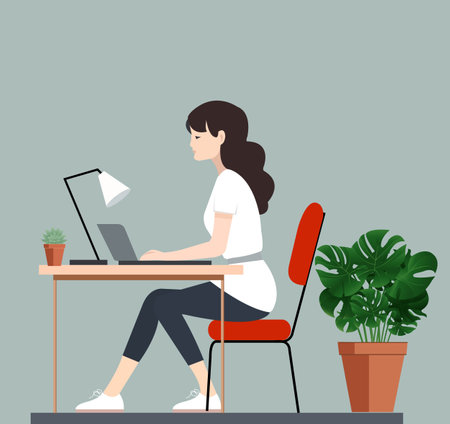 GirlI Sitting At A Table With a Laptop, Vector Illustrationのイラスト素材
