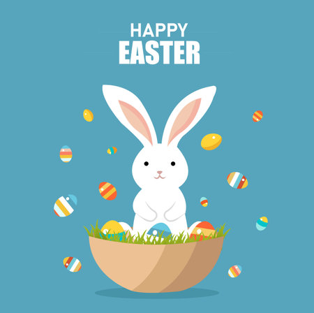 Happy Easter Card With Rabbit And Eggs, Vector Illustrationのイラスト素材
