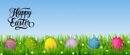 Happy Easter Poster And Text And Nature Background With Gradient Mesh, Vector Illustrationのイラスト素材