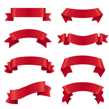 Big Set Red Ribbon White Background With Gradient Mesh, Vector Illustrationのイラスト素材