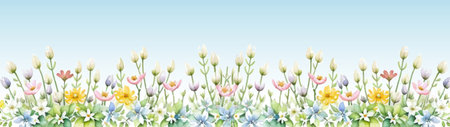 Abstract Watercolor Summer Flower Panorama With Blue Sky, Vector Illustrationのイラスト素材