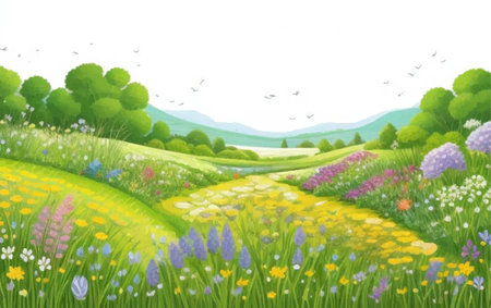 Green Grass With Flowers And Trees, Vector Illustrationのイラスト素材