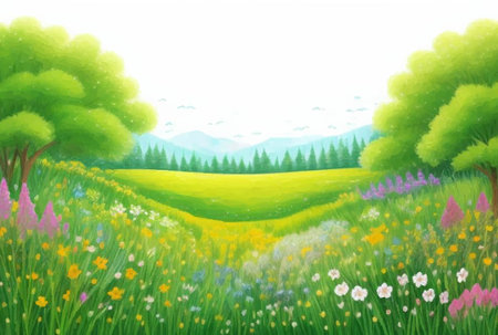 Watercolor Paint Green Grass With Flowers And Trees, Vector Illustrationのイラスト素材