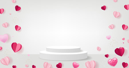Valentines Day Postcard Pink Podium And Hearts With Gradient Mesh, Vector Illustrationのイラスト素材
