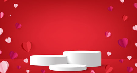 Valentine's day background with white podium and hearts. Vector illustration.のイラスト素材