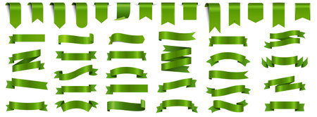 Green Silk Ribbons Set Isolated White Background With Gradient Mesh, Vector Illustrationのイラスト素材