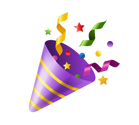 Party Popper With Color Confetti White Background With Gradient Mesh, Vector Illustrationのイラスト素材