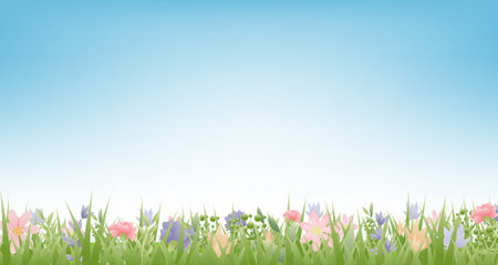 Spring Grass And F;owers Blue Background With Gradient Mesh, Vector Illustrationのイラスト素材