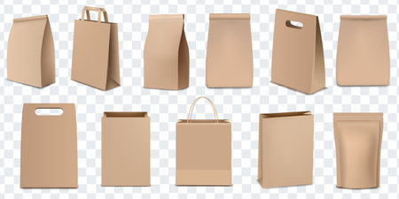 Brown Paper Bags And Packaging big Set Transparent Background With Gradient Mesh, Vector Illustrationのイラスト素材