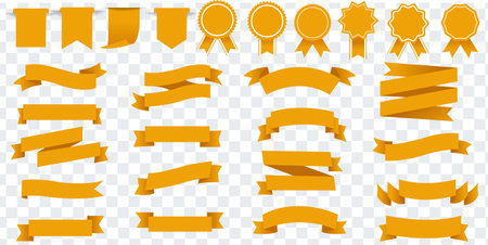 Yellow Ribbons And Labels Set And Isolated Transparent Background With Gradient Mesh, Vector Illustrationのイラスト素材