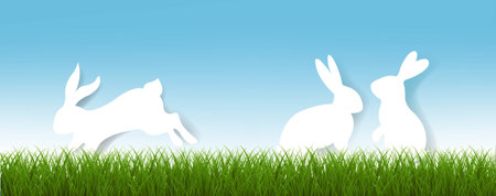 Easter Spring Grass With Rabbits White Background With Gradient Mesh, Vector Illustrationのイラスト素材