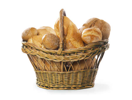 Brown basket full of bread on white backgroundの写真素材