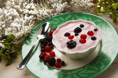 yogurt with berries with fresh berriesの写真素材