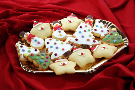 decorated Christmas cookies on trayの写真素材