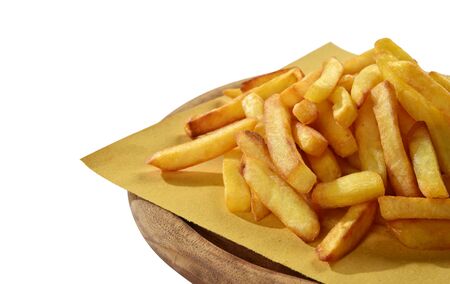 fried potato on cutting board with white backgroundの写真素材