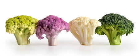 Cauliflower of different colors in a row on a white backgroundの写真素材
