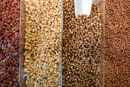 Variety of toasted crunchy loose in a traveling stallの写真素材