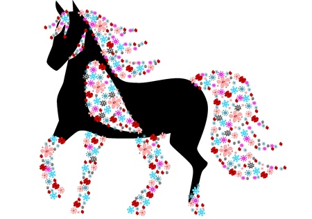 Black silhouette of horse with flowersのイラスト素材