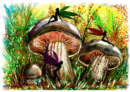 Fairy in mushroom forest. Fantastic landscape. Wax, gouache. Handmade.の写真素材