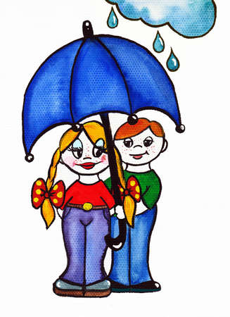 Girl and boy under an umbrella on a white background. Watercolorの写真素材