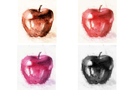 4 different colored apples on white background . Watercolor.の写真素材