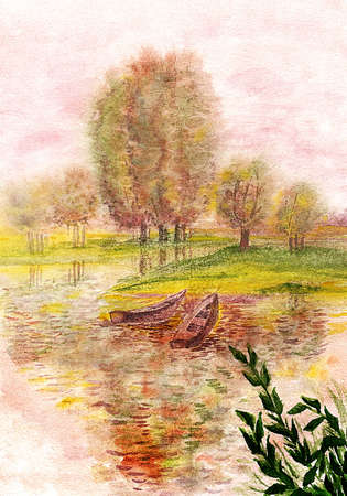 Boats on the river. Landscape. Watercolor.の写真素材