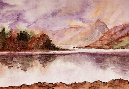 Calm river. Watercolor.River against the backdrop of forests and mountains. Handmade.の写真素材