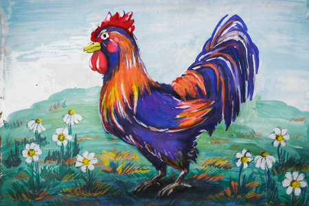 Colorful rooster standing on a meadow. Gouache, handmade.の写真素材