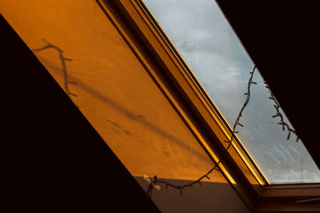 Beautifull sunset throught apartment windowの写真素材