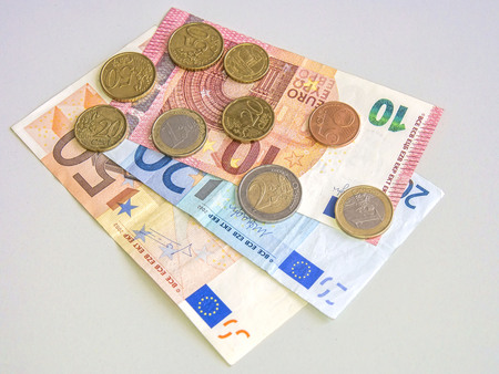 European currency on a table shot from aboveの写真素材