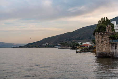 A church on the edge of the Sea of Galilee in Tibeias, Israelの写真素材