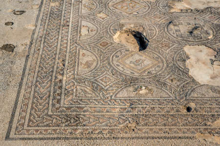 Mosaic floor of the large public building used as a market at Tzipori National Park in Israel.の写真素材
