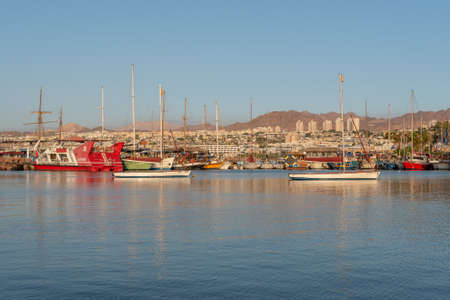 Boats in the Red Sea harbor at Eilat in southern Israelのeditorial素材
